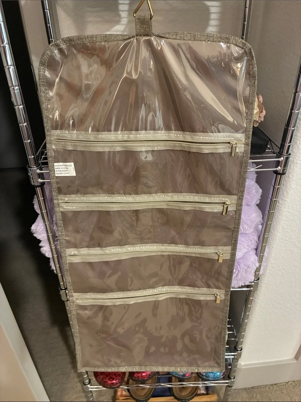 Charming Charlie Taupe Over-the-Door Jewelry Organizer 4 Clear Zip Pockets